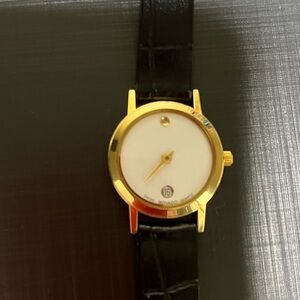 Movado Gold and Black Leather Watch Vintage Needs Battery